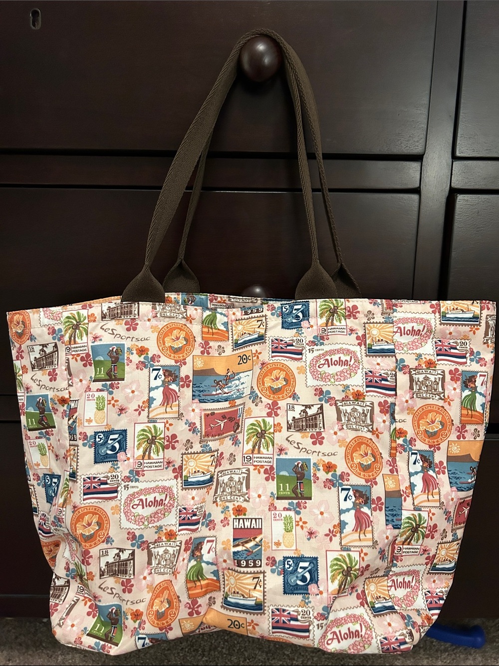 LeSportsac Multicolor Hawaiian Stamp Print Tote with Brown Handles